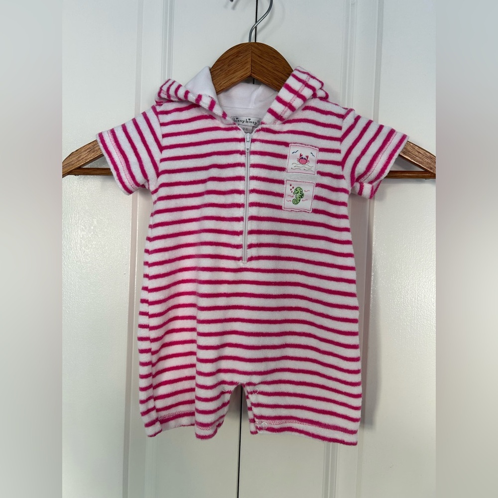 Kissy Kissy Baby Girl Terry Cloth Romper Beach Pool 3-6 Months Pink Stripes